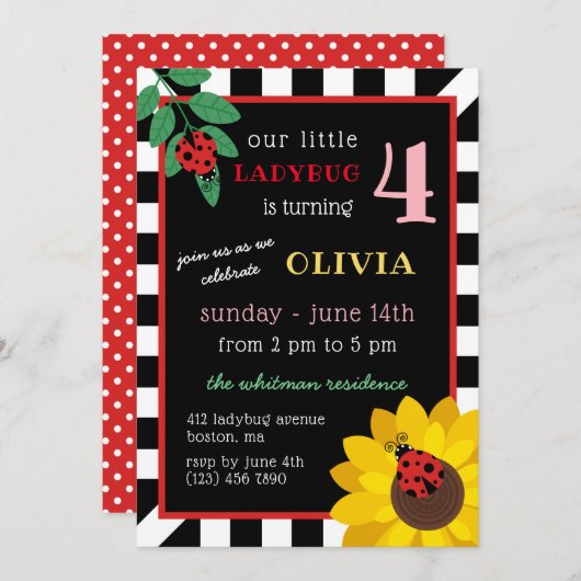 ヒマワリ及びてんとう虫の子供の誕生日 招待状 (正面/裏面)