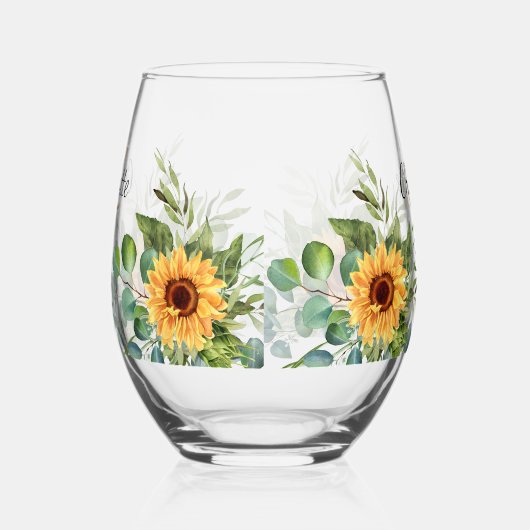 ヒマワリ名前をカスタムするモノグラムイニシャル ステムなしワイングラス (左)