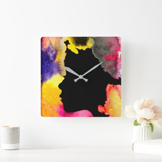 ヒマワリ女性シルエット水彩画 スクエア壁時計 (ホーム)