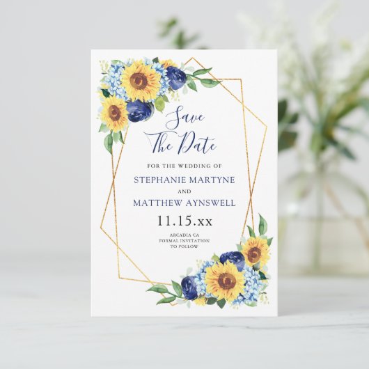 ヒマワリ幾何学的ほこりっぽいブルーネイビー結婚フローラ セーブザデート (スタンド正面)