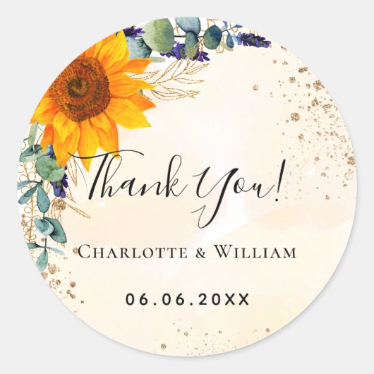 ヒマワリ感謝していユーカリグリッター結婚ズ ラウンドシール (正面)