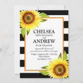 ヒマワリ招待状白黒ストライプカード 招待状 (正面)