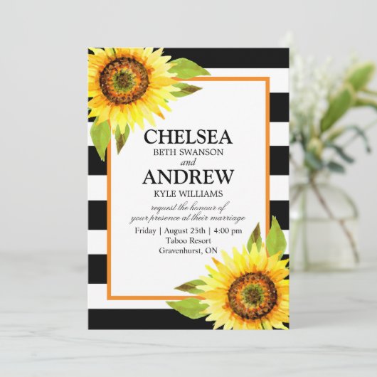 ヒマワリ招待状白黒ストライプカード 招待状 (スタンド正面)