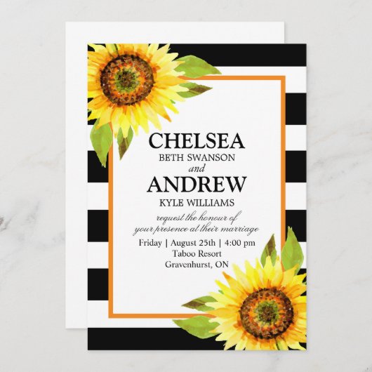 ヒマワリ招待状白黒ストライプカード 招待状 (正面/裏面)