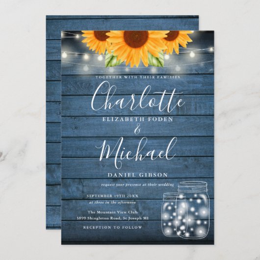 ヒマワリ文字列ライトメイソンジャースブルー結婚ズ 招待状 (正面/裏面)
