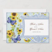 ヒマワリ旋回フローラフレームブルーバタフライ招待状 招待状 (裏面)