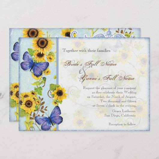 ヒマワリ旋回フローラフレームブルーバタフライ招待状 招待状 (正面/裏面)