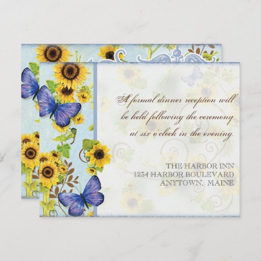 ヒマワリ旋回フローラフレームブルーバタフライ招待状 招待状 (正面/裏面)