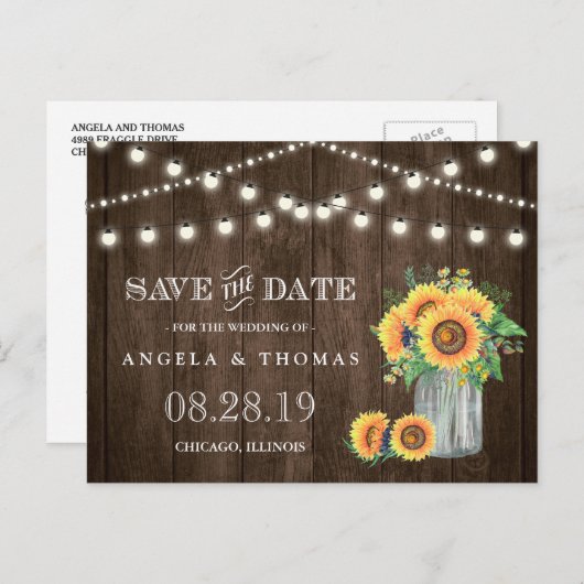 ヒマワリ日を保素朴存する木製のストリングライト 案内ポストカード (正面/裏面)