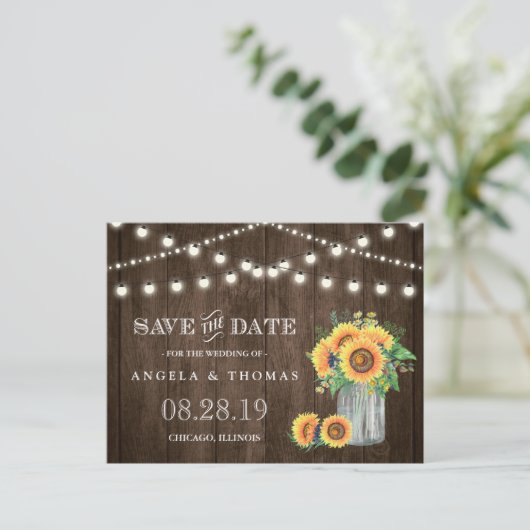 ヒマワリ日を保素朴存する木製のストリングライト 案内ポストカード (スタンド正面)