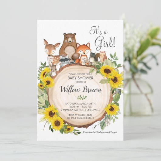 ヒマワリ森林動物ベビーシャワーガール 招待状 (スタンド正面)
