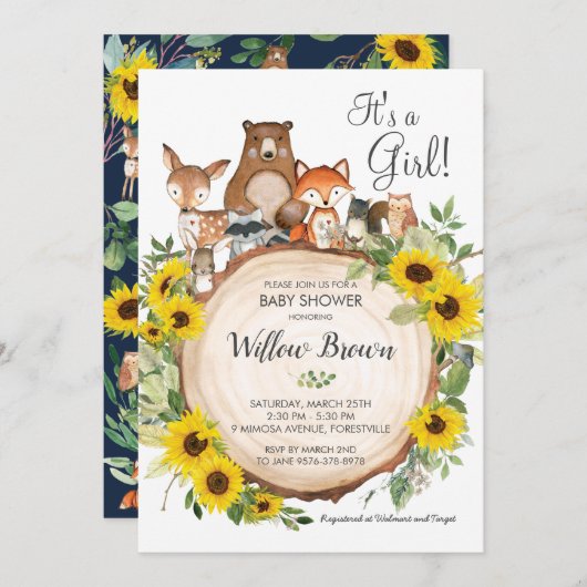 ヒマワリ森林動物ベビーシャワーガール 招待状 (正面/裏面)