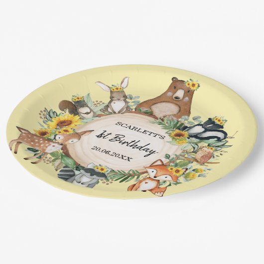 ヒマワリ森林動物ベビー誕生日 ペーパープレート (アングル)