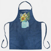 ヒマワリ水彩フローラネイビーブルーホワイト（名前付き） エプロン (正面)