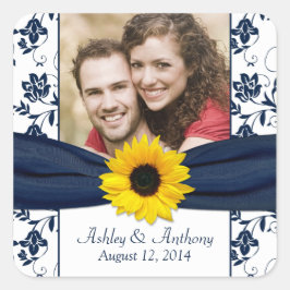 ヒマワリ海軍とホワイトダマスクウェディングステッカー スクエアシール