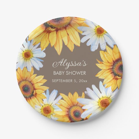 ヒマワリ白いデイジー茶色の赤ちゃんシャワー ペーパープレート (正面)