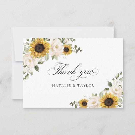 ヒマワリ白い花素朴緑結婚色 サンキューカード (正面)
