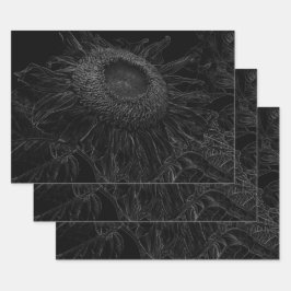 ヒマワリ白黒フローラアートデコパージュ ラッピングペーパーシート
