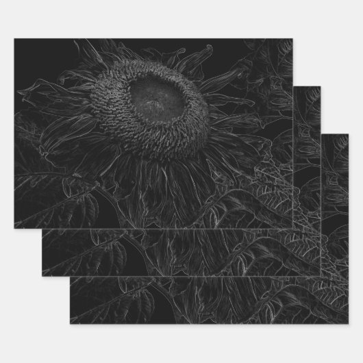 ヒマワリ白黒フローラアートデコパージュ ラッピングペーパーシート (セット)