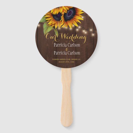 ヒマワリ素朴な茶色のバーンドウッド結婚式の引き出物 ハンドファン (正面)