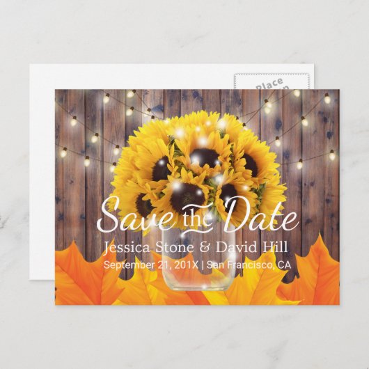 ヒマワリ素朴の瓶秋の結婚式 案内ポストカード (正面/裏面)