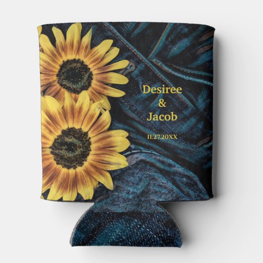 ヒマワリ素朴イエローデニムブルー結婚ジーンズ 缶クーラー (裏面)