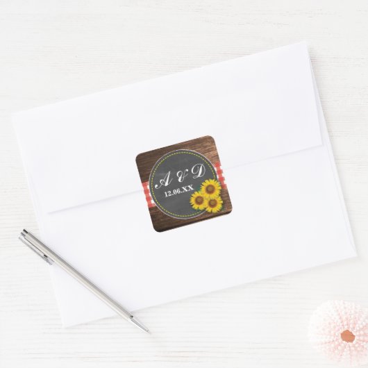 ヒマワリ素朴ウッドチョークイニシャルシール スクエアシール (封筒)