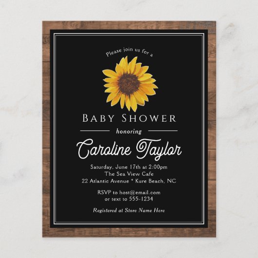 ヒマワリ素朴オンウッドベビーシャワー招待状 (正面)