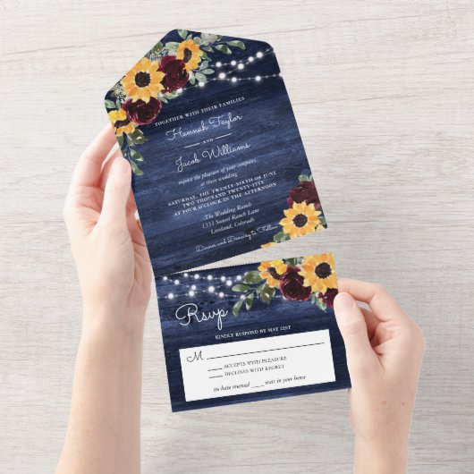 ヒマワリ素朴ーバラネイビー結婚ブルーウッド オールインワン招待状 (貼ってはがせる)