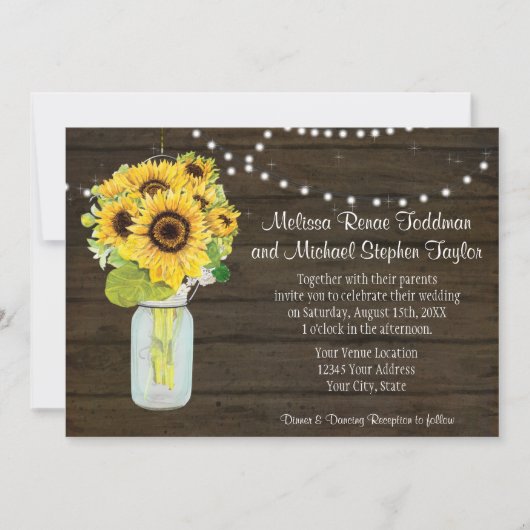 ヒマワリ素朴ーフローラカントリーメイソンジャールライト 招待状 (正面)