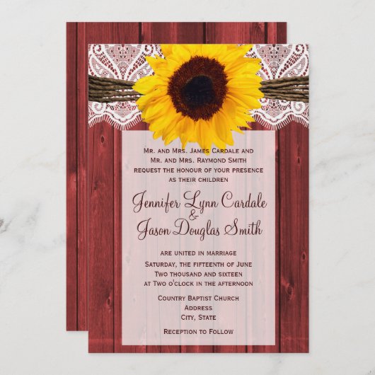ヒマワリ素朴ーレッドバーンウッド結婚式招待 招待状 (正面/裏面)