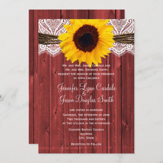 ヒマワリ素朴ーレッドバーンウッド結婚式招待 招待状 (正面/裏面)