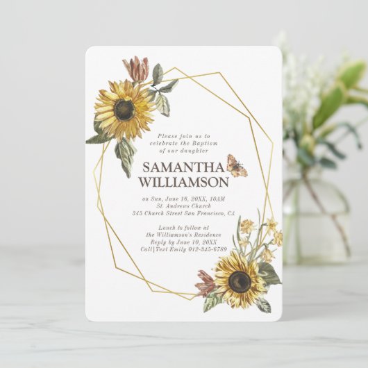 ヒマワリ素朴花模様バプティスマ招待状 招待状 (スタンド正面)
