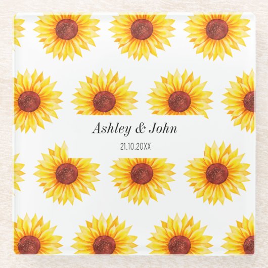 ヒマワリ結婚イエローホワイトフローラ ガラスコースター (正面)