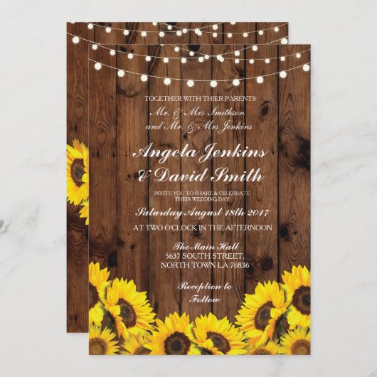 ヒマワリ結婚ズウッド素朴フローラライト招待状 招待状 (正面/裏面)