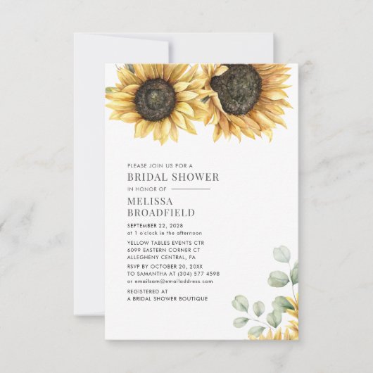 ヒマワリ緑の水彩フローラブライダルシャワー 招待状 (正面)