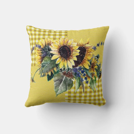 ヒマワリ花束オンイエロージンガム柄 クッション (裏面)