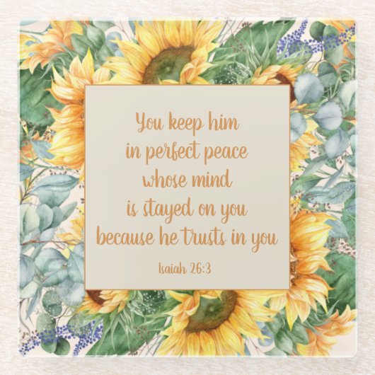 ヒマワリ葉の聖句保完全平和 ガラスコースター (正面)