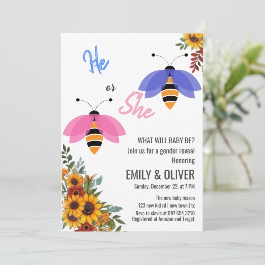 ヒマワリ蜂の鳥の男の子または女の子のジェンダーがパーティーを明かす 招待状 (スタンド正面)