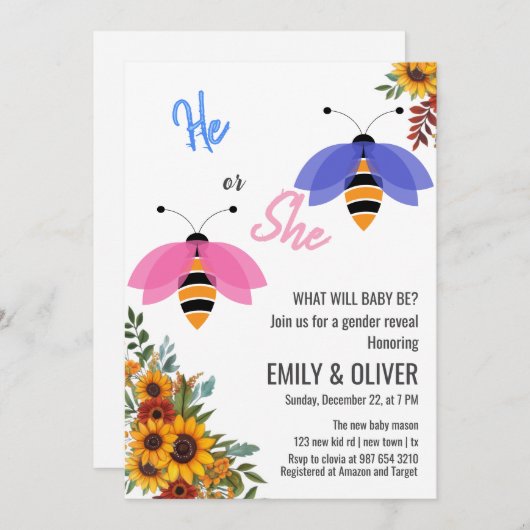 ヒマワリ蜂の鳥の男の子または女の子のジェンダーがパーティーを明かす 招待状 (正面/裏面)