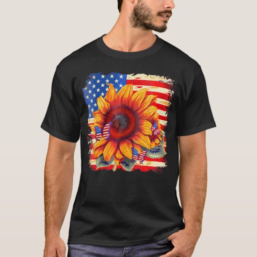 ヒマワリ蝶アメリカ国旗Vネック Tシャツ (正面)
