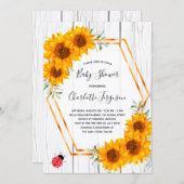 ヒマワリ赤ちゃんシャワー素朴な金ゴールドジオラディバグ 招待状 (正面/裏面)