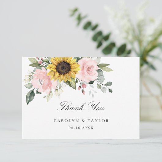 ヒマワリ赤面ピンク素朴フローラ結婚ズ サンキューカード (スタンド正面)
