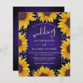 ヒマワリ金ゴールドドットブルーウッド結婚式招待状 (正面/裏面)