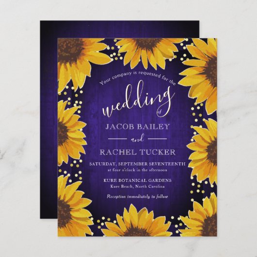 ヒマワリ金ゴールドドットブルーウッド結婚式招待状 (正面/裏面)