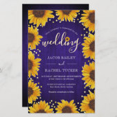 ヒマワリ金ゴールドドットブルーウッド結婚式招待状 (正面/裏面)