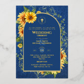 ヒマワリ金ゴールド結婚カソリッエレガントクの青 箔招待状 (正面)