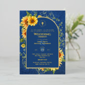 ヒマワリ金ゴールド結婚カソリッエレガントクの青 箔招待状 (立ち正面)