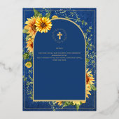 ヒマワリ金ゴールド結婚カソリッエレガントクの青 箔招待状 (裏面)