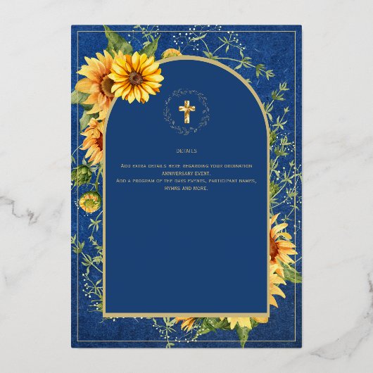 ヒマワリ金ゴールド結婚カソリッエレガントクの青 箔招待状 (裏面)